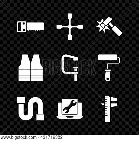 Set Hand Saw, Wheel Wrench, Hammer, Industry Pipe, Laptop Service, Calliper Or Caliper Scale, Safety