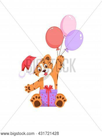 A Cute Tiger In A Santa Claus Hat Holds A Gift And Colorful Balloons In Its Paws. Isolated On A Whit