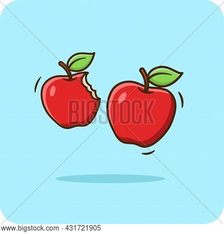 Apples Have Green Leaves And Bites, Isolated And Flat Design On Blue Background.