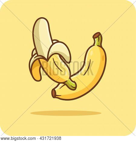 Bananas, Peeled And Unpeeled Isolated And Flat Design, Yellow Background.