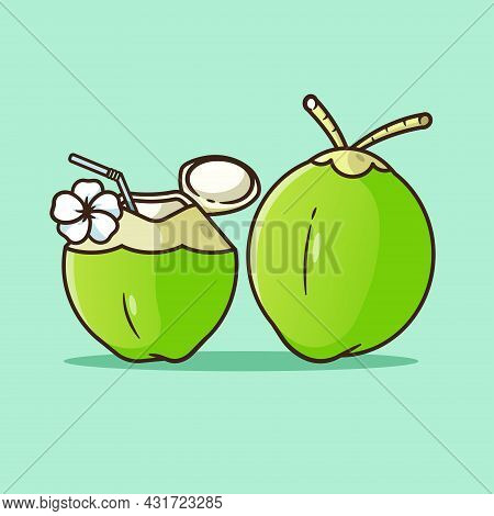 Flat And Isolate Coconut, Refreshing Summer Drink,green Shell Decorated With White Flower,suitable F