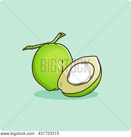Young Coconut With Green Shell, Cut In Half. For In The Summer On A Mint Green Background