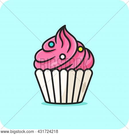 Cupcake Strawberry With Topping, Icon Flat Design On Blue Background.