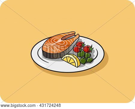 Grilled Fish Steak With Tomato And Lemon And Vegetables Served On A White Plate, Flat Design And Iso