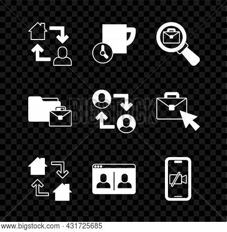 Set Online Working, Time Management, Magnifying Glass With Briefcase, Video Chat Conference, Camera 