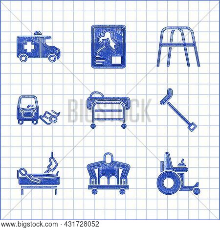 Set Stretcher, Man Without Legs Sitting Wheelchair, Electric, Walking Stick Cane, Patient Broken, Di