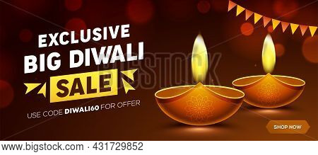 Happy Diwali Sale Design With Diya Oil Lamp Elements On Brown Background, Bokeh Sparkling Effect