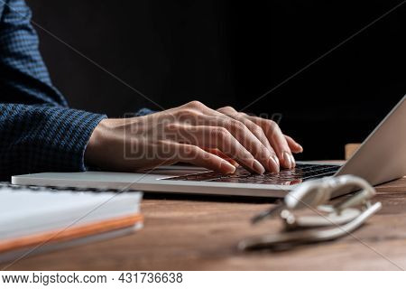 Close Up Woman Hands Lying On Laptop Keyboard. Business Lady Working With Computer At Wooden Desk. F