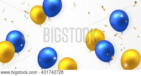 Elegant Yellow Golden Blue Ballon And Party Popper Ribbon Happy Birthday Celebration Card Banner Tem