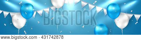 Elegant Golden Blue Silver White Ballon And Cloth Bunting Party Popper Ribbon Happy Birthday Celebra