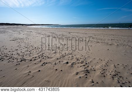 View On Wide White Sandy North Sea Beach In Renesse, Zeeland, Netherlands