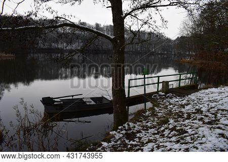 Boaton The Holzmaar In Winter, Caldera Lake In The Eifel