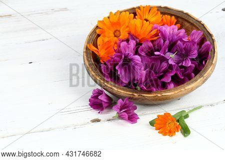 Flowers Of Wild Mallow, Lat.  Malva Sylvestris And Marigold, Lat. Calendula Officinalis. Medicinal H