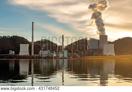 Smoke Raising Above A Thermal Power Plant