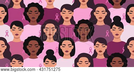 Breast Cancer Awareness Month Vector Illustration. Different Ethnicity Women With Pink Ribbon Seamle