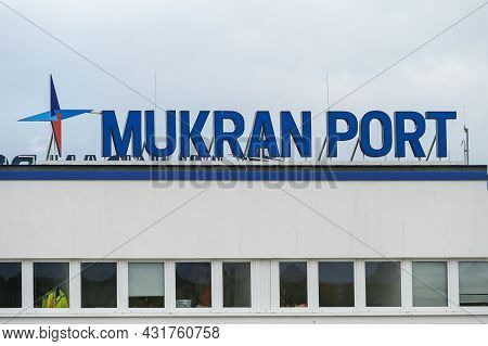 Sassnitz Mukran, Germany, August 20, 2020: Mukran Port Letters And Logo Sign On The Terminal And Off