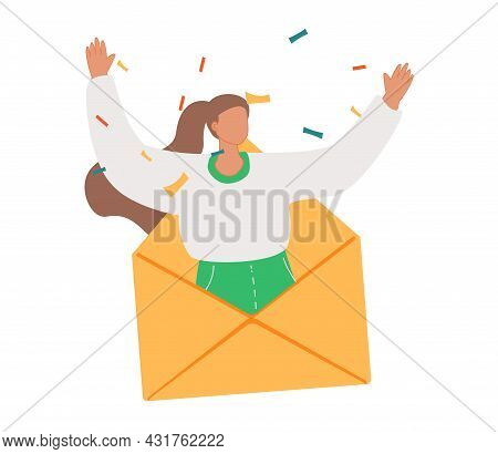 Email Search, Open New Mail Envelope. The Cute Cartoon Woman Checks The Email, Opened The Envelope, 