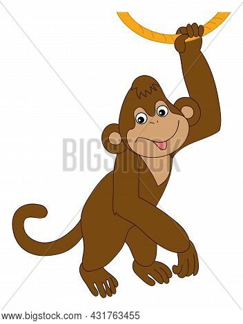 Cute Funny Happy Monkey Holding The Rope. Vector Monkey. Baby Monkey Vector Illustration