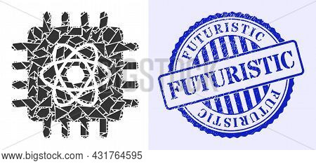 Debris Mosaic Quantum Computing Icon, And Blue Round Futuristic Grunge Seal With Caption Inside Roun