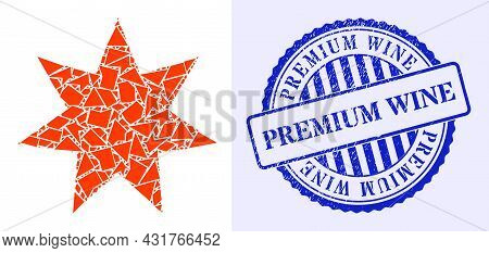 Debris Mosaic Seven Pointed Star Icon, And Blue Round Premium Wine Grunge Stamp Imitation With Text 