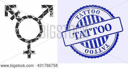 Debris Mosaic Three Gender Symbol Icon, And Blue Round Tattoo Grunge Watermark With Text Inside Roun