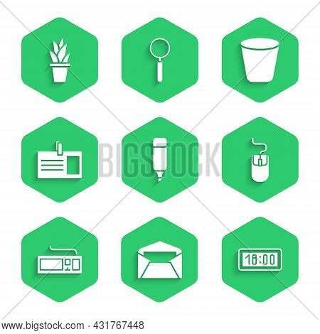 Set Marker Pen, Envelope, Digital Alarm Clock, Computer Mouse, Keyboard, Identification Badge, Trash