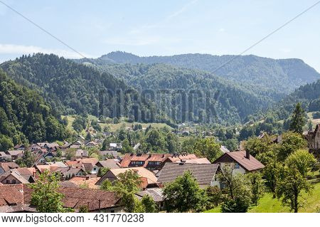 Panorama Of A Suburban Area Of Slovenia, In Skofja Loka, A Slovenian Suburb Of Ljubljana, With Singl