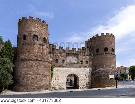 The Porta Asinaria, A Gate In The Aurelian Walls Of Rome,italy. It Was A Simple Gate,but Honorius Ad