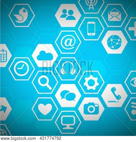 Social Media Icons On A Hexagon Background