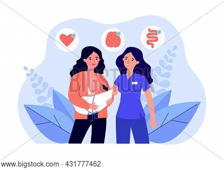 Midwife And Young Mother Breastfeeding Her Baby. Flat Vector Illustration. Newborn Tested For Health