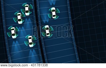 Autonomous Cars On A Road With Visible Connection, 3d Rendering
