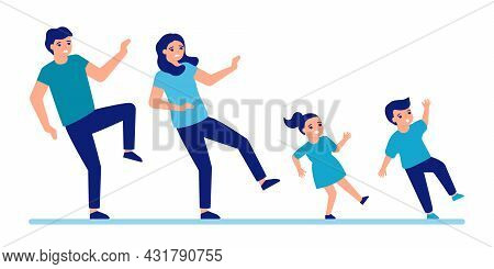 Man, Woman And Children Slip And Fall Down To Floor. Slippery Floor For People. Family Fail And Fall