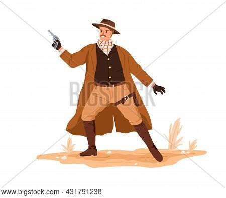 Western Cowboy In Hat, Vest And Scarf Holding Pistol In Hand. Wild West Man Shooting With Handgun. A