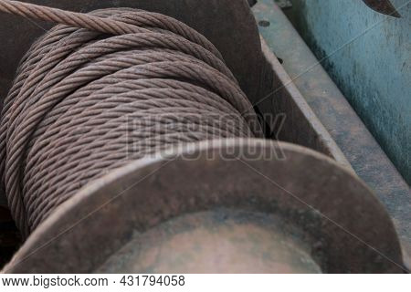 Close-up Of A Rusty Winch With B
Braided Steel Cable
