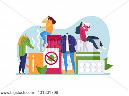 Sick Person With Disease, Vector Illustration. Treating Illness With Flat Medicine Concept, Man Woma
