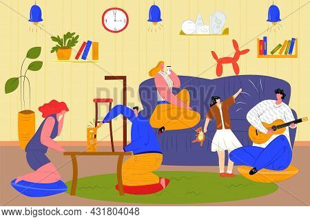 People Spend Time Together At Home, Vector Illustration. Cartoon Man Woman Friends Character Sitting