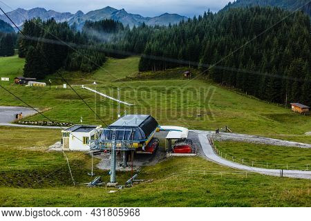 Ski Lift In Summer. Cable Car. View From The Mountain. Beautiful Landscape. Ski Track In Summer. Fun