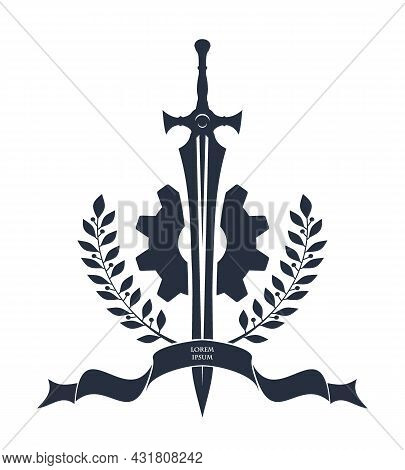 Great Two-handed Sword Bound With Ribbon. Sword, Ribbon And Laurel Wreath. Vector Monochrome Logo