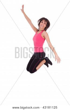 Peso pérdida Fitness mujer saltando de alegría