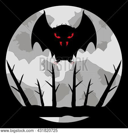 Vampire Bat With Bloody Eyes, Fangs And Claws On A Pale Moon Background. Flies In The Sky Over A Bra