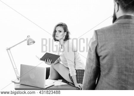 Full Of Desire. Sexual Fantasy. Woman Fantasizing About Coworker. Man Bearded Boss Stand In Front Of