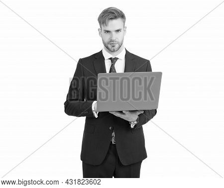 Committed To Work. Freelancer Work On Laptop Isolated On White. Freelance Worker. Freelance Programm