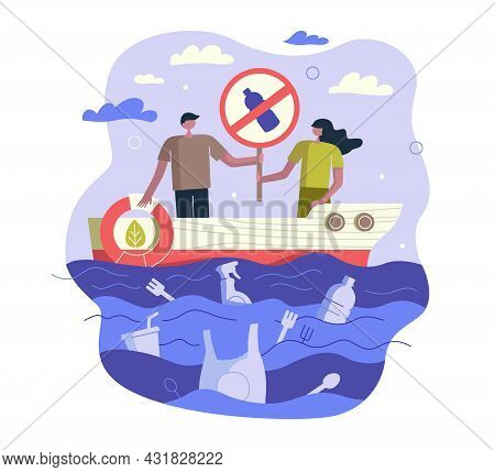 Stop Ocean Plastic Pollution. People In Ship With Sign And Lifebuoy. Garbage And Non-degradable Wast