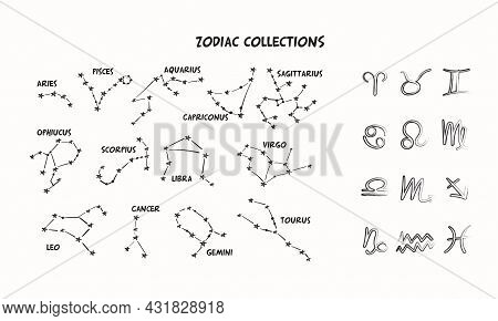 A Collection Of 12 Zodiac Signs With Names. Vector Constellations Set
