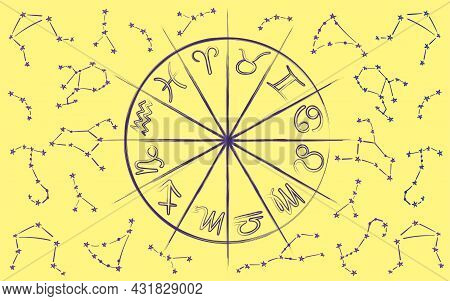 Patterns Of 12 Zodiac Signs On A White Background. Vector Illustration Of The Horoscope Of The Const
