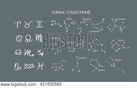 A Collection Of 12 Zodiac Signs With Names. Vector Constellations Set