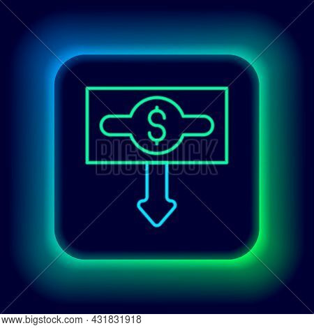 Glowing Neon Line Dollar Rate Decrease Icon Isolated On Black Background. Cost Reduction. Money Symb