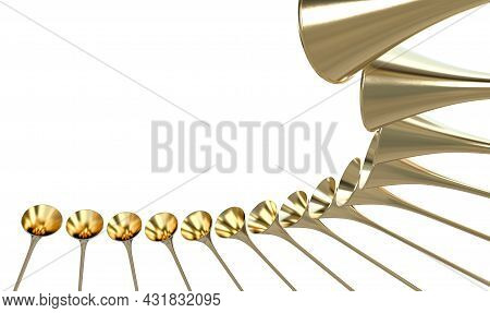 A Group Of Golden Medieval Trumpets In A Circular Arc Proclaiming A Special Occasion On An Isolated 