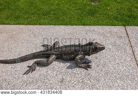 Amsterdam, Netherlands - August 15, 2021: Closeup Of 1 Small Statue Of Lizard Or Comodo Dragon On Be