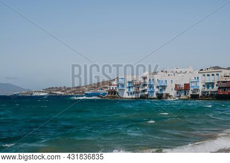 View Of The Old Houses In Little Venice, Hora (mykonos Town), Mykonos, Greece, Over The Augean Sea, 